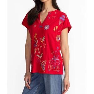 NEW JOHNNY WAS loulia easy paneled v‑neck tee in racing red